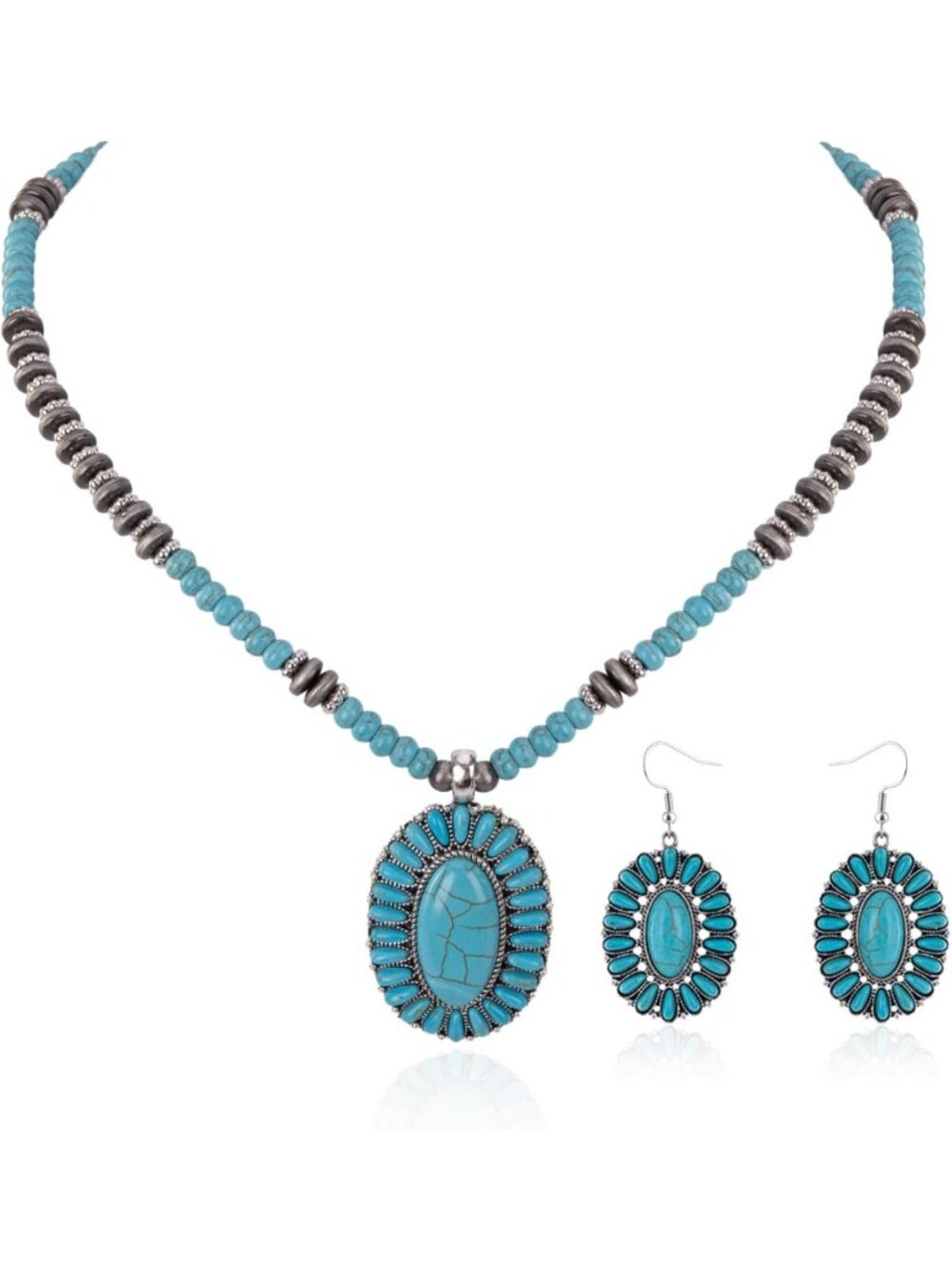Turquoise Dangle Earring and Necklace Jewelry Set for Women - Rustic Chic Style